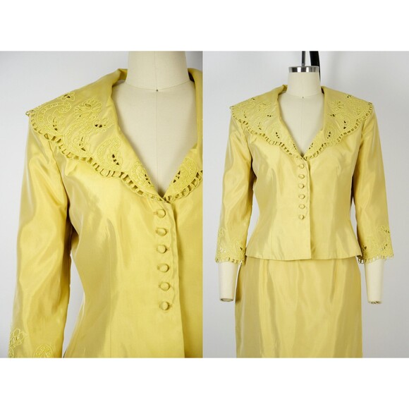 1980s Victor Costa Skirt Suit Size Medium Yellow Soutache Power Suit Medium Suit - Picture 2 of 10